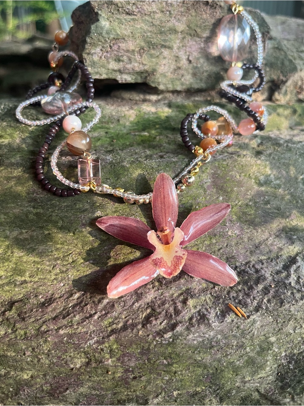 Handcrafted Orchid Pendant Necklace in Mauve and Brown with Gold Accents